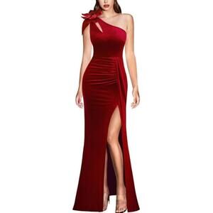 VFSHOW Velvet 3D Flower One Shoulder Ruched Formal Cocktail Evening Dress, XL